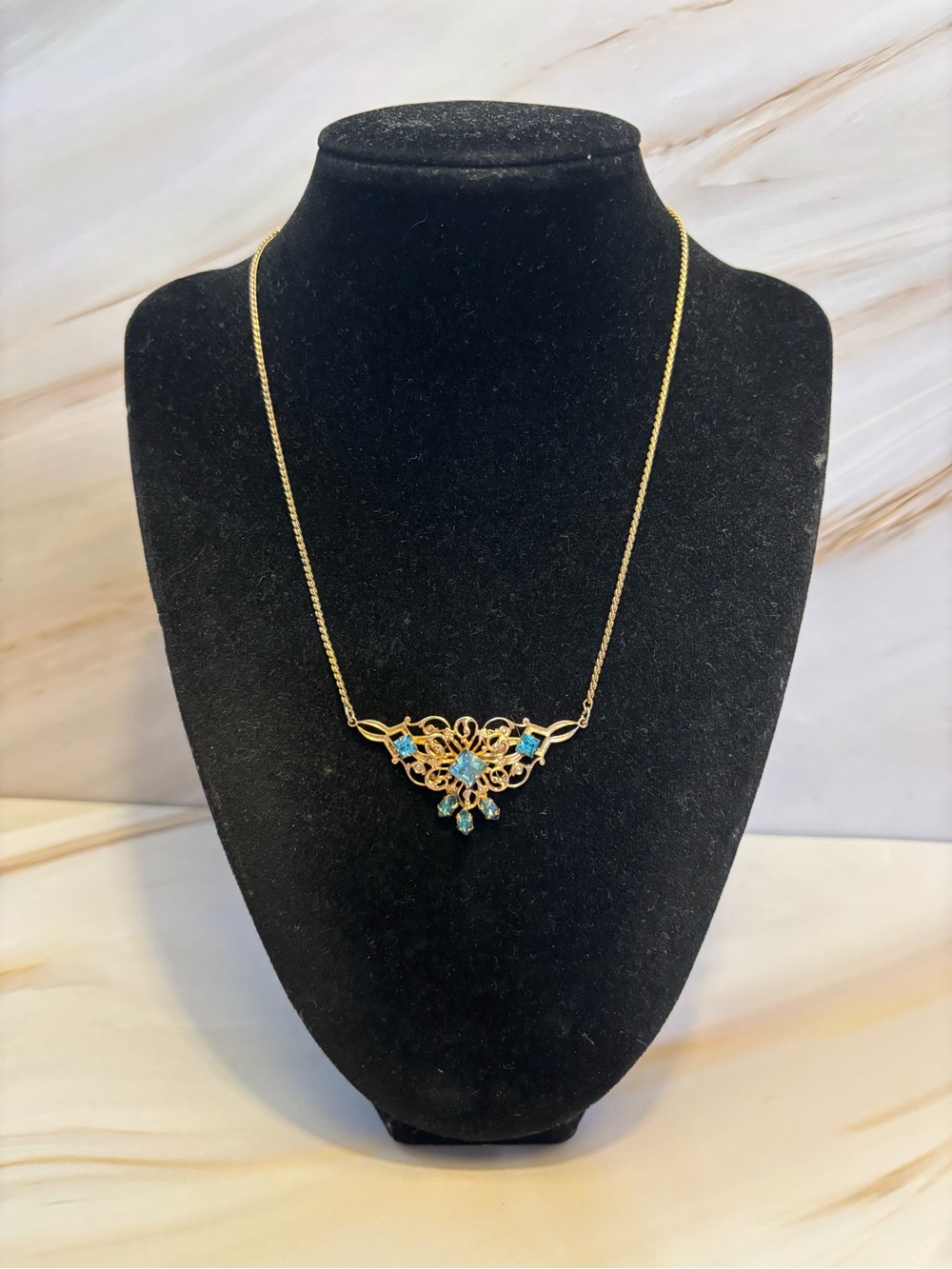 Scitarelli Creations by Phyllis Gold Filigree Necklace with Blue Crystals 15”
